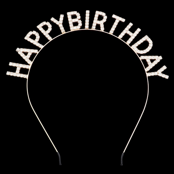 Gold HAPPY BIRTHDAY Rhinestone Crystal Headband Statement Accessory - Picture 1 of 2